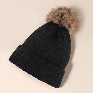 Solid Knit Pom Pom Beanie Hat