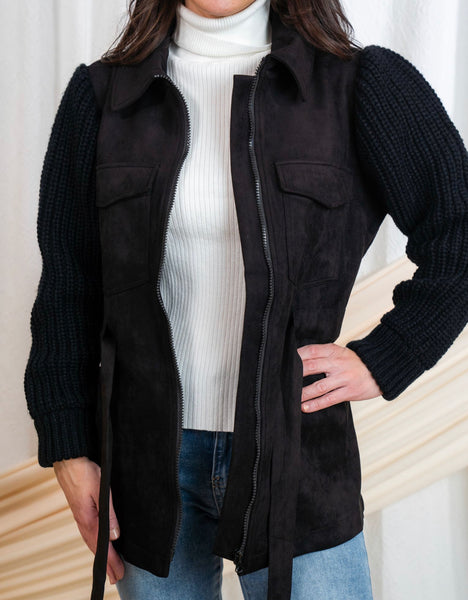 Suede Jacket with Knitted Sweater Sleeve